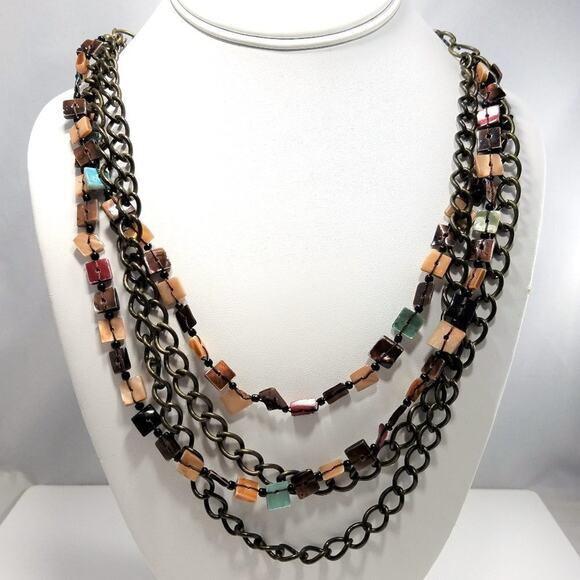 Boho Mother of Pearl Dyed Shell Square Beaded Chain Necklace - Picture 3 of 8